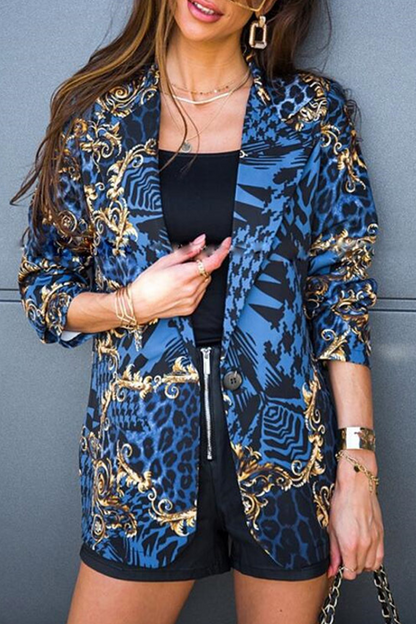 Casual Print Patchwork Turndown Collar Outerwear(4 Colors) Blue