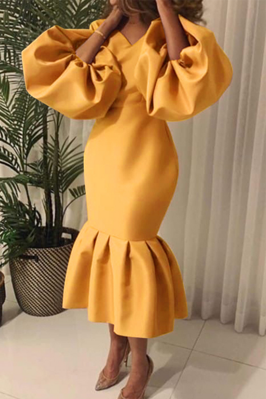 Casual Solid Patchwork V Neck Cake Skirt Dresses(6 Colors) Yellow