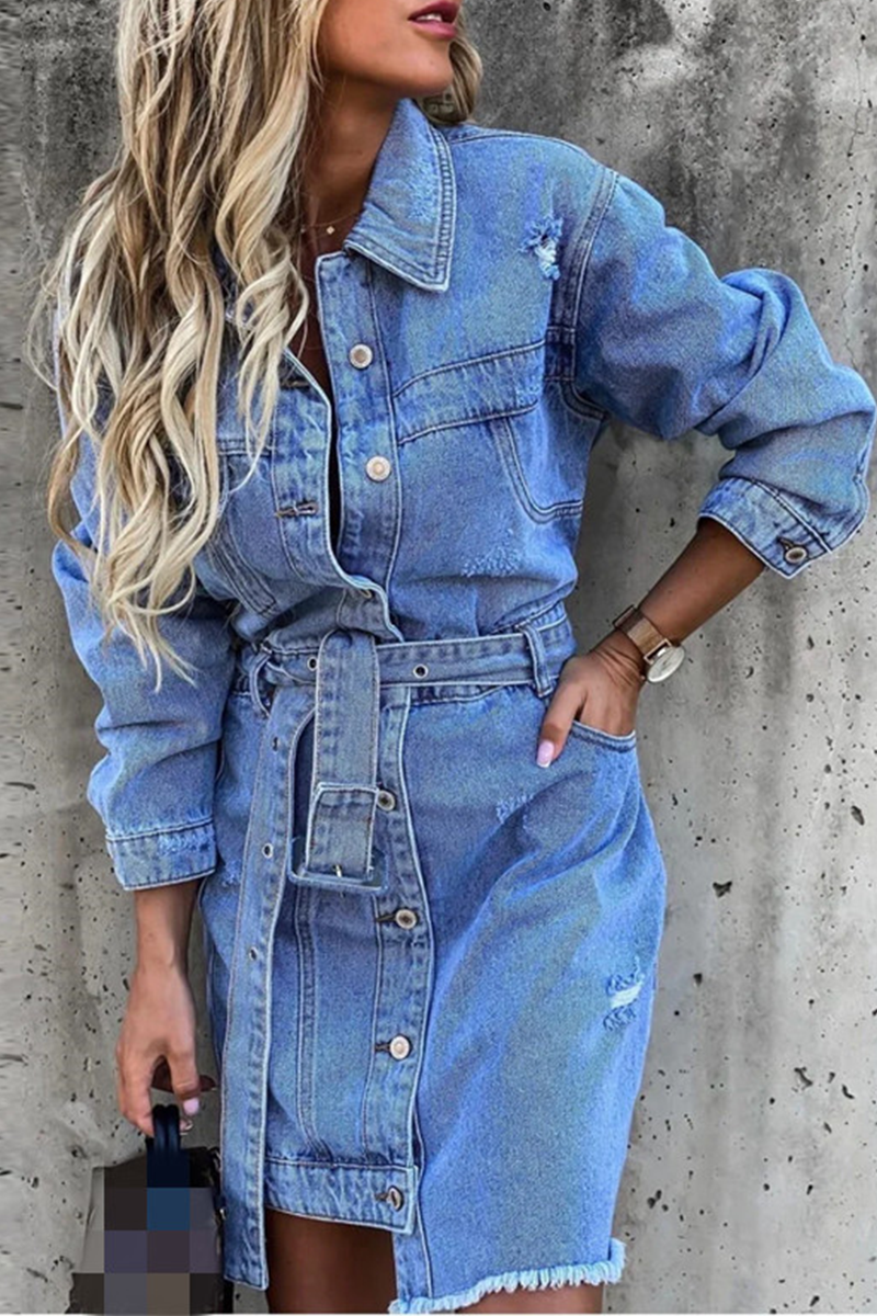 Casual Solid Patchwork Turndown Collar Shirt Dress Dresses Blue