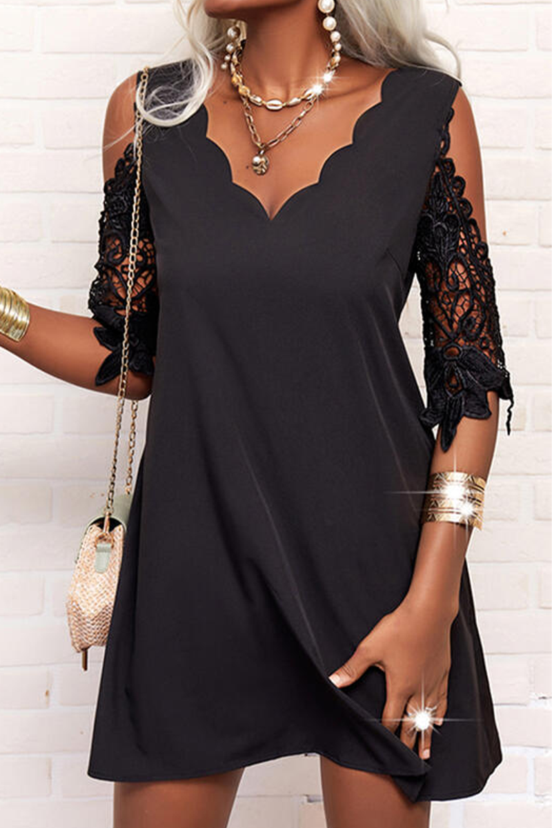 Casual Solid Lace V Neck Straight Dresses(3 Colors) Black