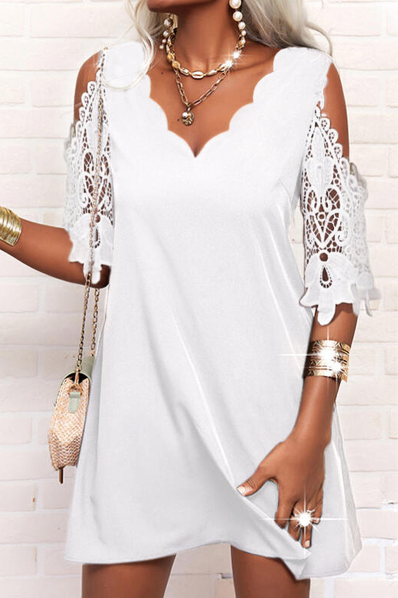 Casual Solid Lace V Neck Straight Dresses(3 Colors) White