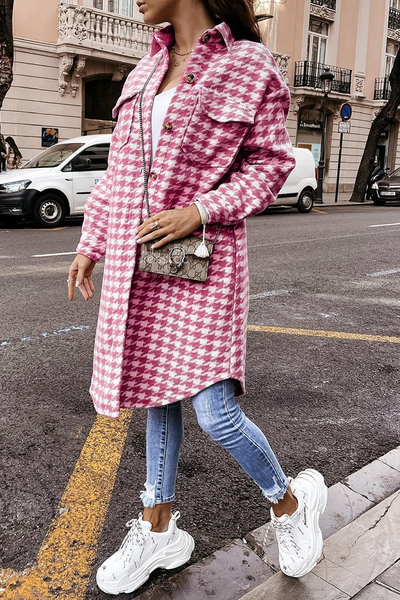 Fashion Plaid Patchwork Turndown Collar Outerwear(4 Colors) Rose Red