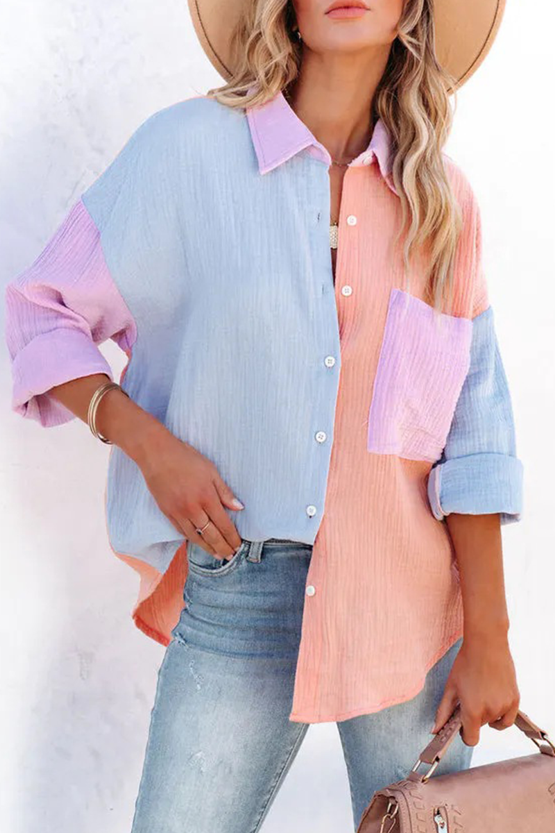 Casual Solid Patchwork Turndown Collar Blouses (4 Colors) Blue