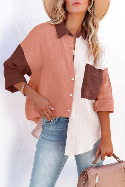 Casual Solid Patchwork Turndown Collar Blouses (4 Colors) Red Bean Paste