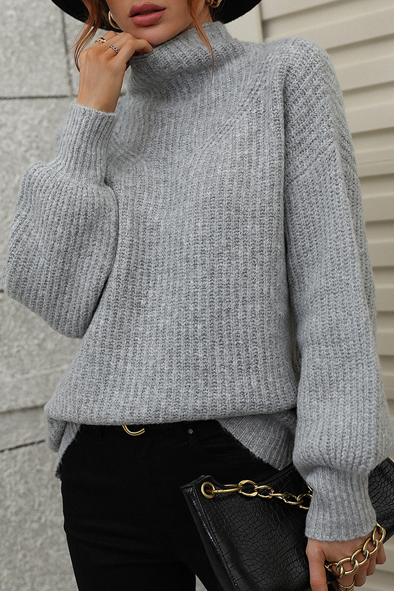 Casual Solid Patchwork Turtleneck Sweaters (6 Colors) Light Gray