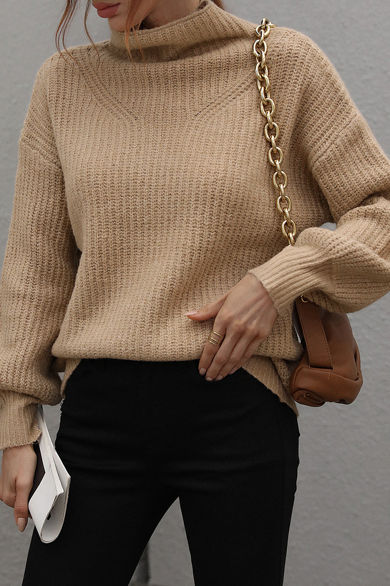 Casual Solid Patchwork Turtleneck Sweaters (6 Colors) Camel