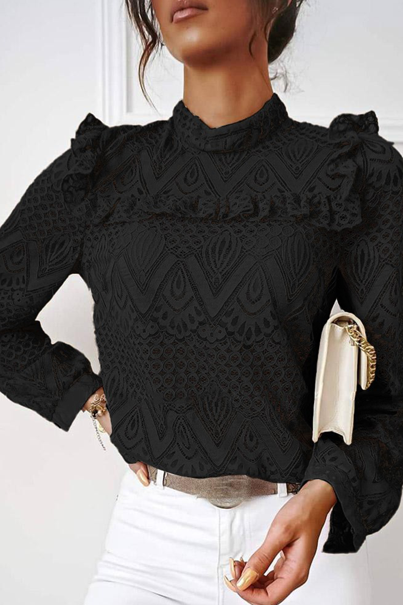 Casual Solid Lace Half A Turtleneck Tops(3 Colors) Black