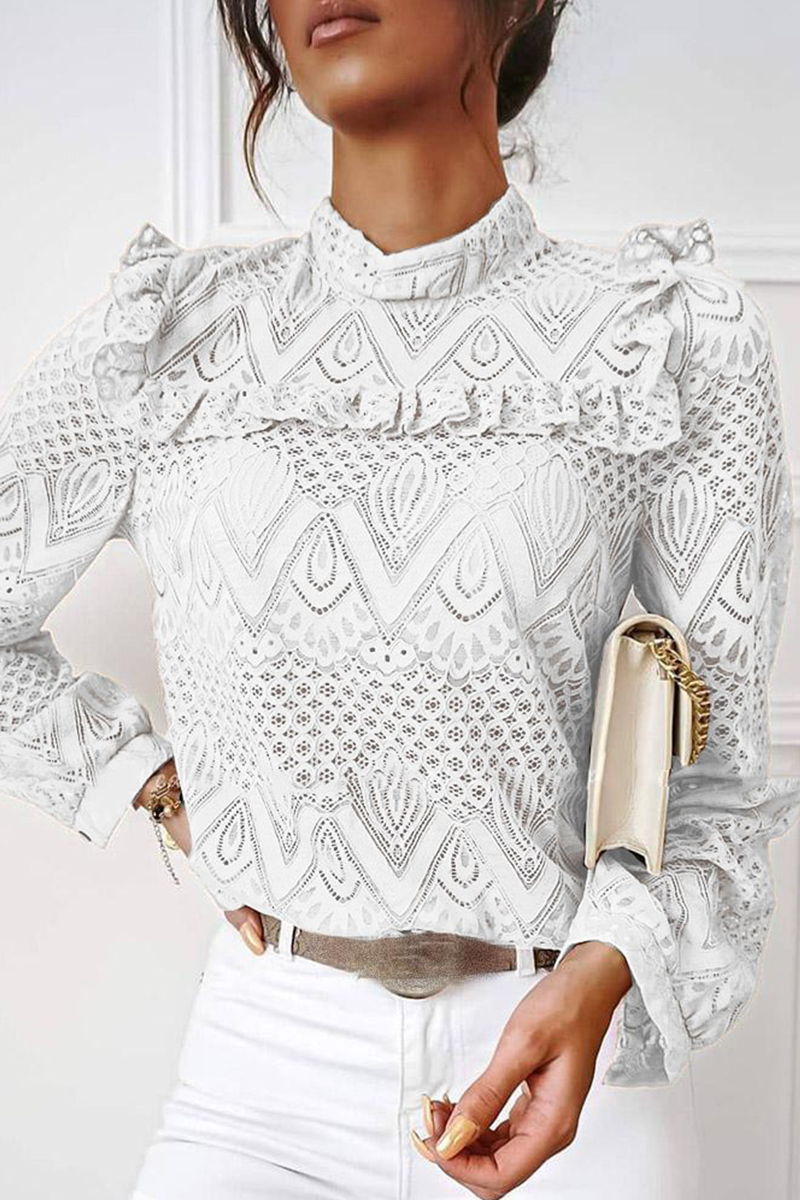 Casual Solid Lace Half A Turtleneck Tops(3 Colors) White