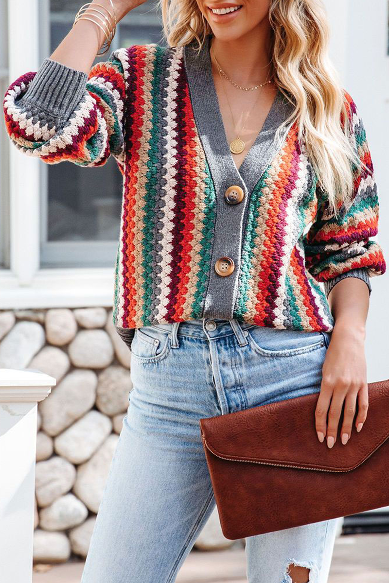 Casual Striped Patchwork Cardigan Collar Sweaters