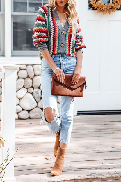 Casual Striped Patchwork Cardigan Collar Sweaters