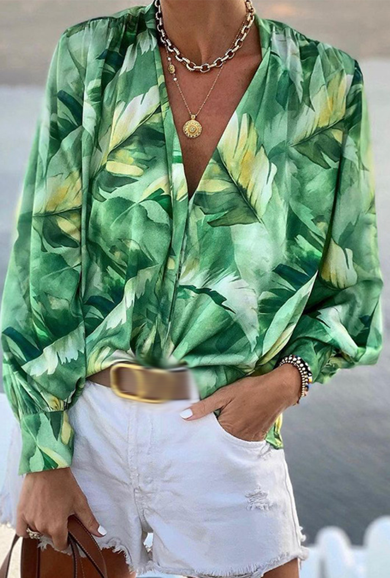 Casual Print Patchwork Turndown Collar Blouses (4 Colors) Green