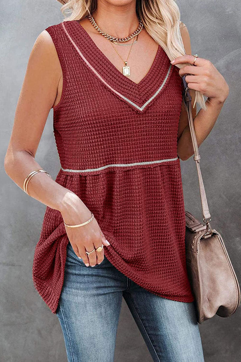 Casual Solid Patchwork V Neck Tops(7 Colors) Burgundy