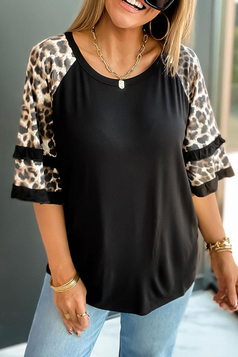 Casual Print Leopard Patchwork O Neck T-Shirts(5 Colors)