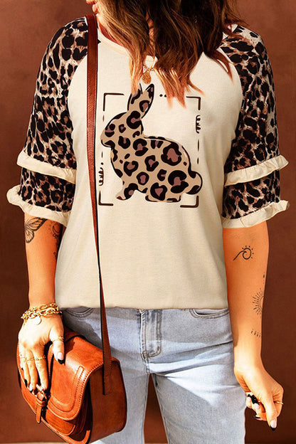 Casual Print Leopard Patchwork O Neck T-Shirts(5 Colors) Khaki