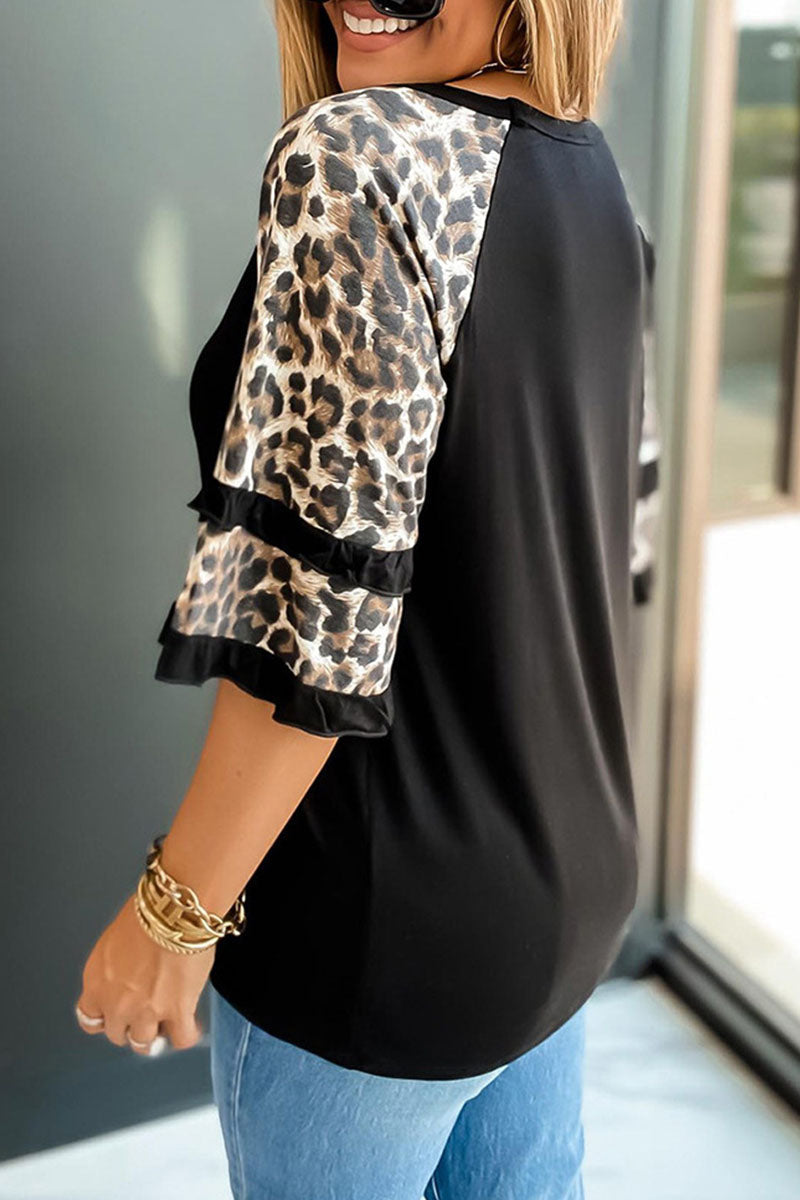 Casual Print Leopard Patchwork O Neck T-Shirts(5 Colors)