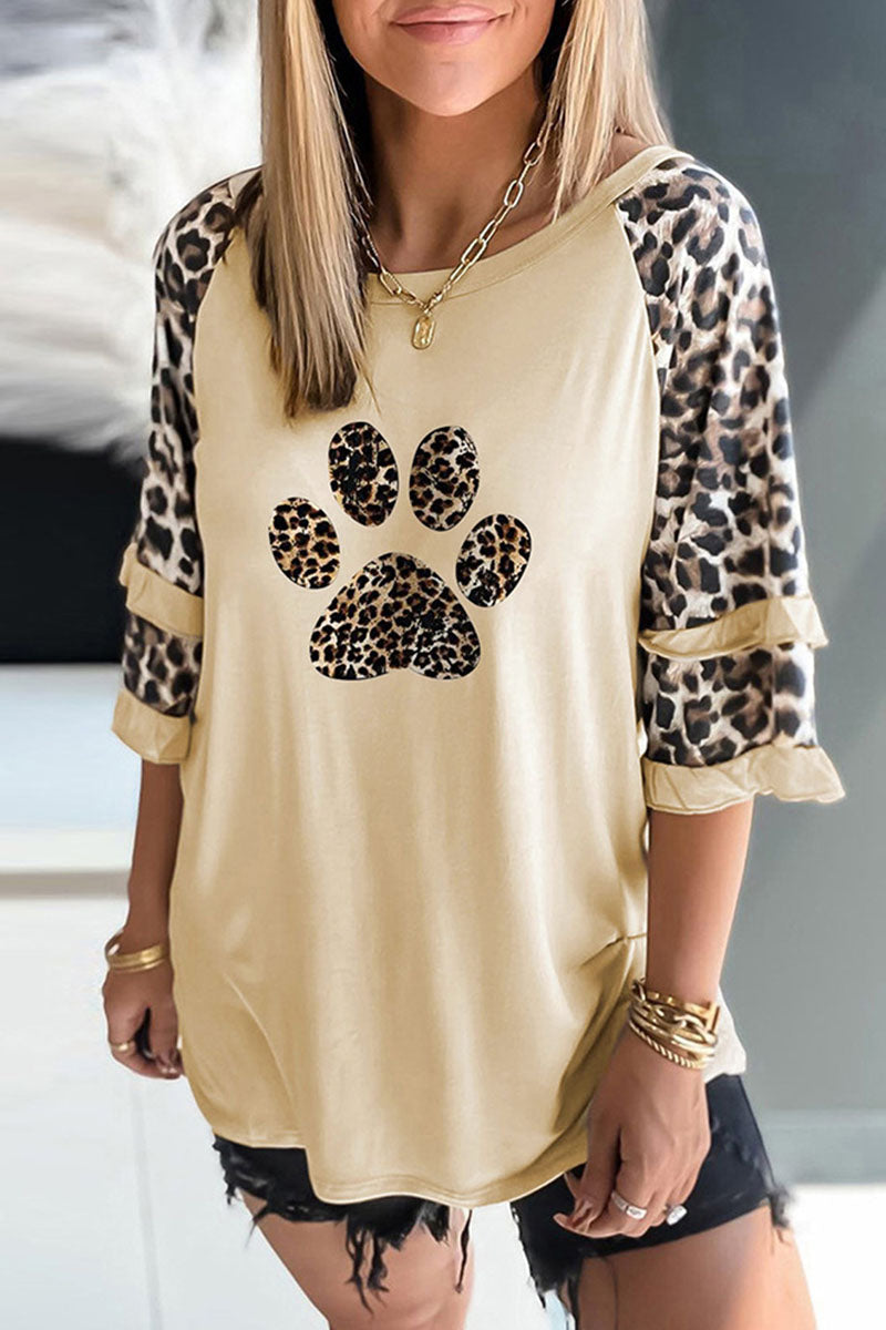 Casual Print Leopard Patchwork O Neck T-Shirts(5 Colors)