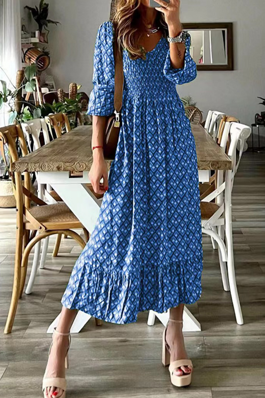 Casual Print Patchwork V Neck Cake Skirt Dresses(3 Colors) Blue