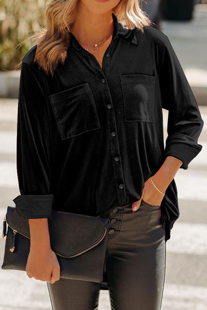 Casual Solid Patchwork Turndown Collar Blouses(3 Colors) Black