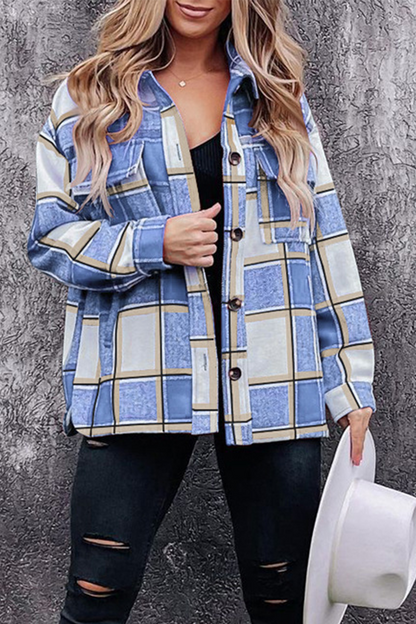 Casual Plaid Patchwork Turndown Collar Blouses(5 Colors) Sky Blue