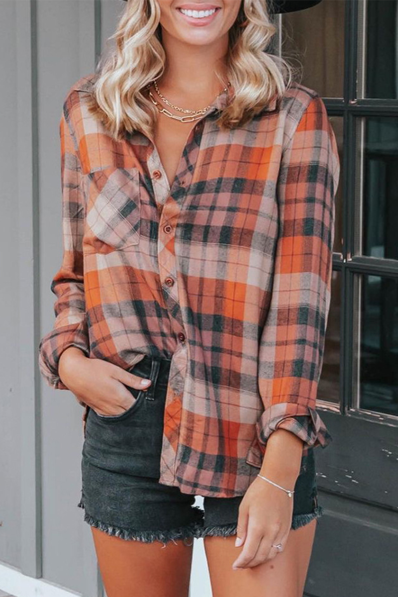 Casual Plaid Patchwork Turndown Collar Blouses Red