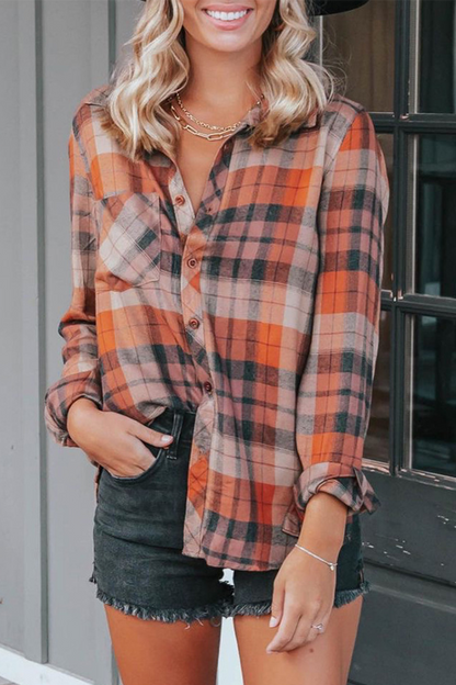 Casual Plaid Patchwork Turndown Collar Blouses Red