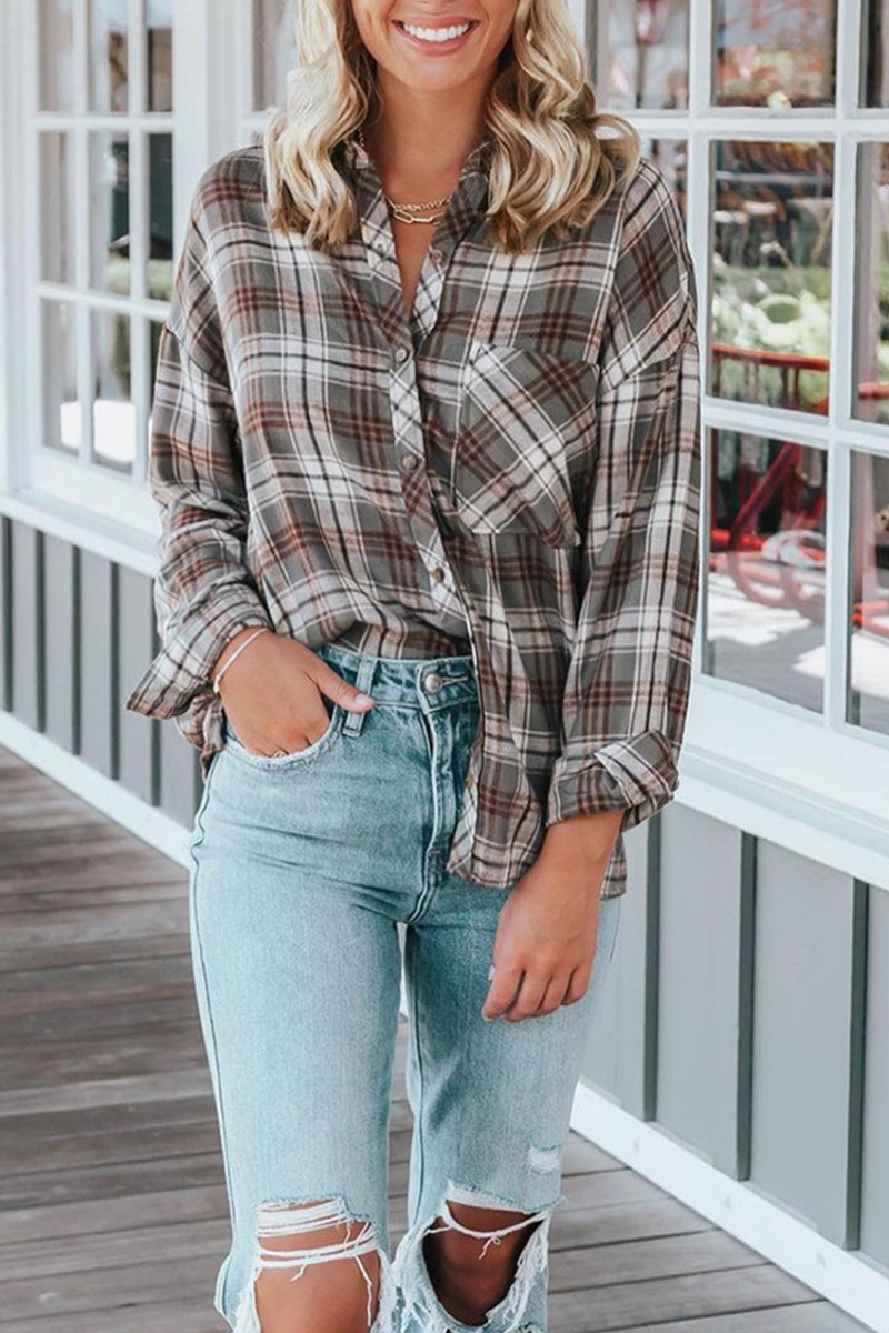 Casual Plaid Patchwork Turndown Collar Blouses Brown