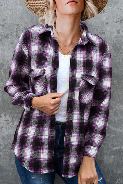 Casual Plaid Patchwork Turndown Collar Blouses(6 Colors) Purple