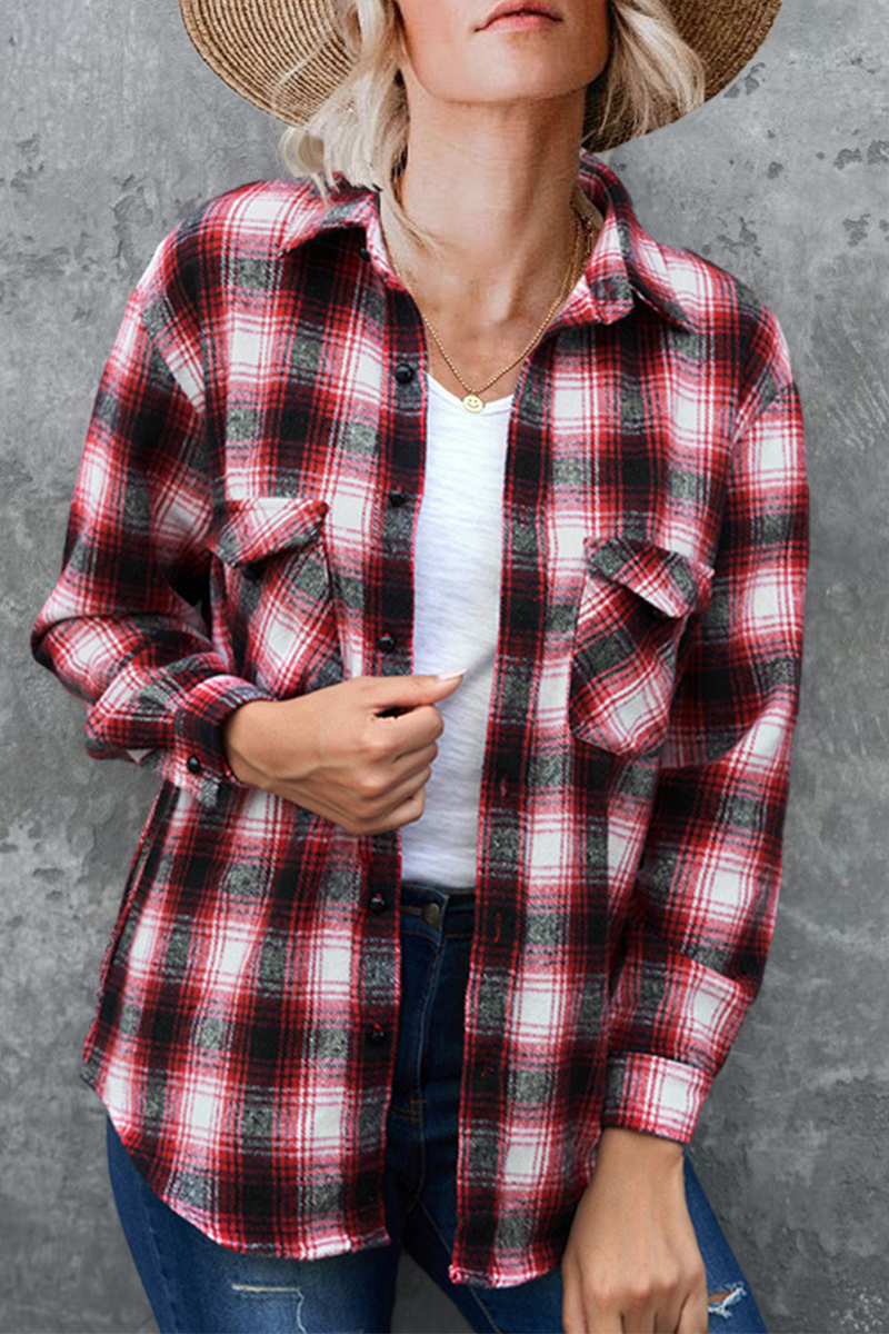 Casual Plaid Patchwork Turndown Collar Blouses(6 Colors) Red