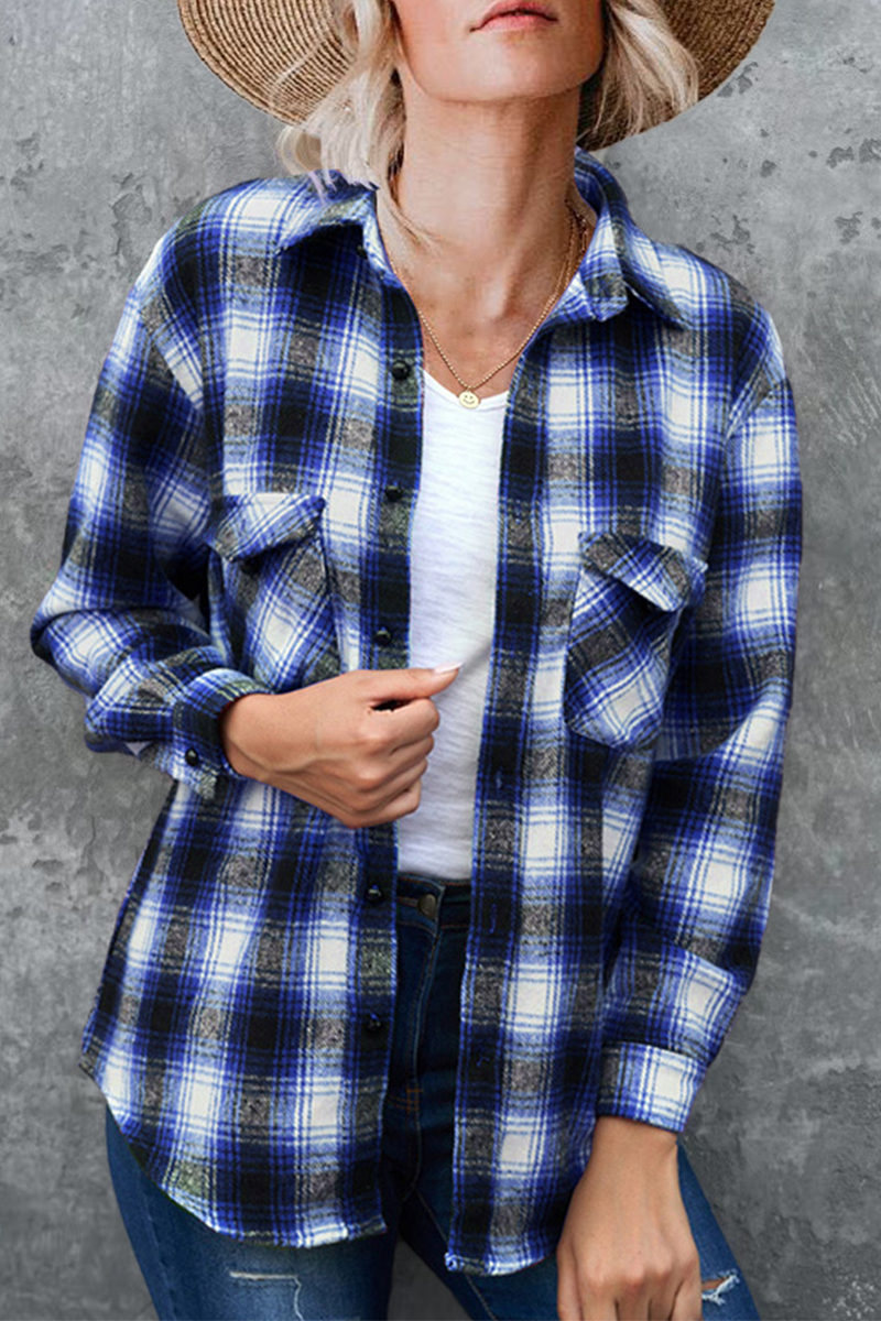 Casual Plaid Patchwork Turndown Collar Blouses(6 Colors) Deep Blue