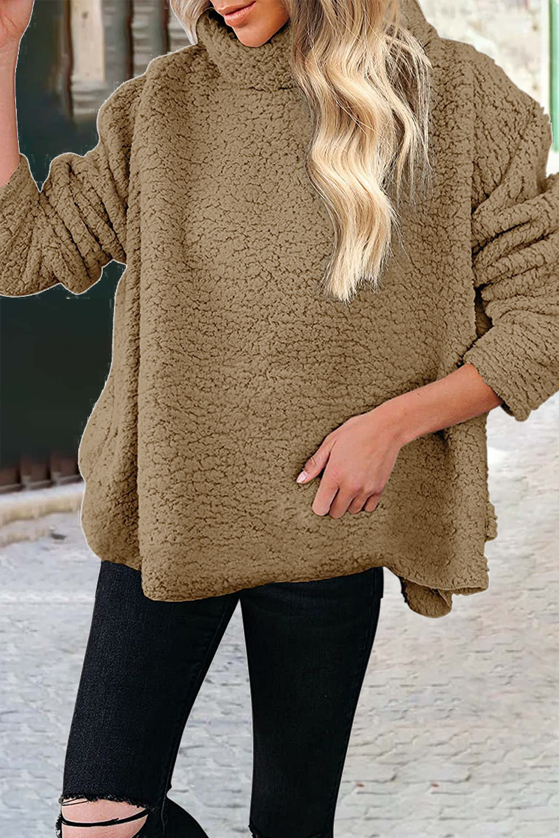 Casual Solid Patchwork Turtleneck Sweats(6 Colors) Khaki