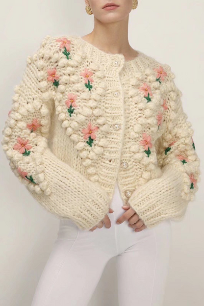 Casual Patchwork Hollowed Out Cardigan Collar Sweaters White