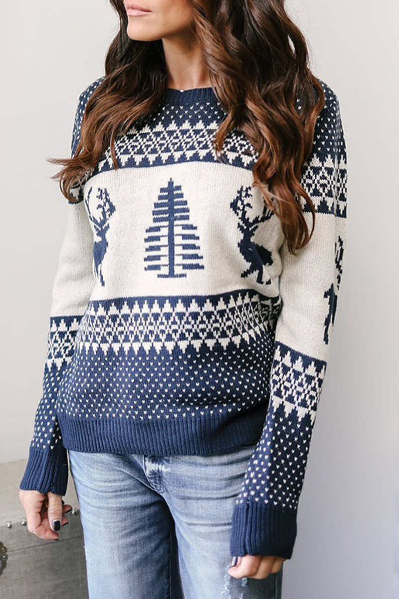 Casual Print Patchwork O Neck Sweaters (3 Colors) Tibetan Blue