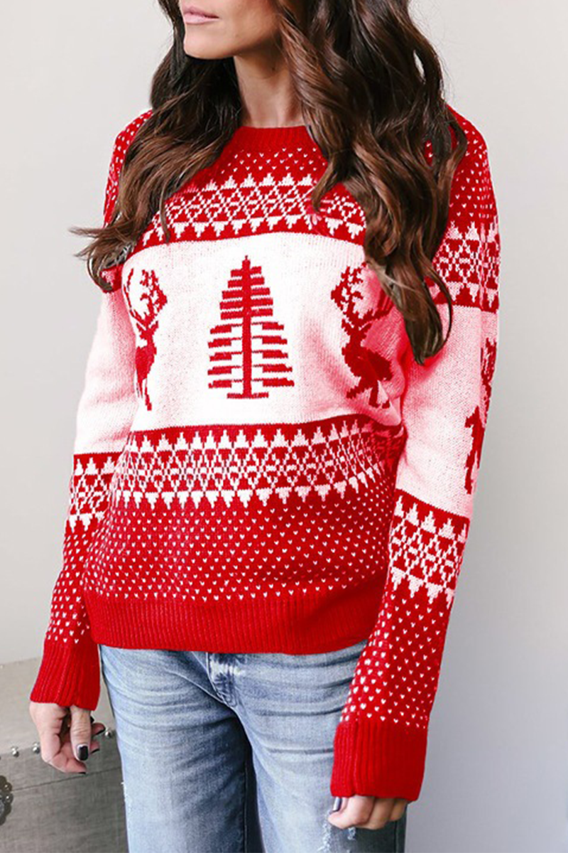 Casual Print Patchwork O Neck Sweaters (3 Colors) Red