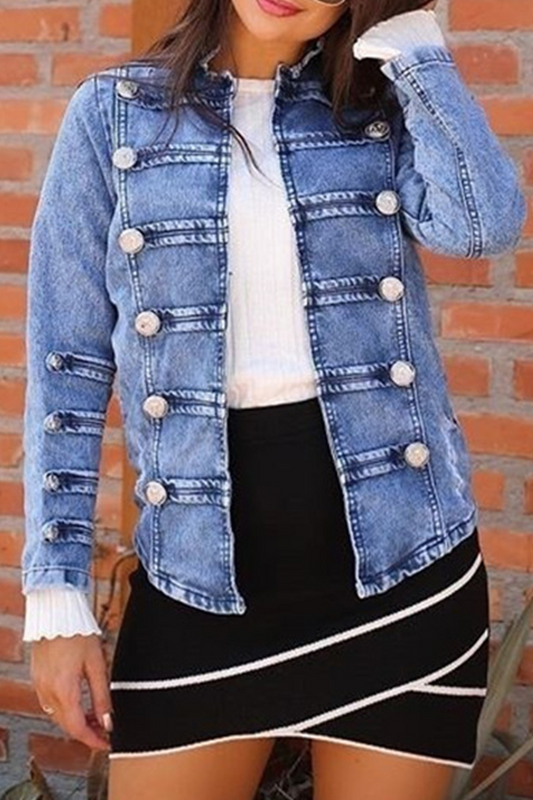 Casual Solid Beading Cardigan Collar Long Sleeve Straight Denim Jacket Light Blue