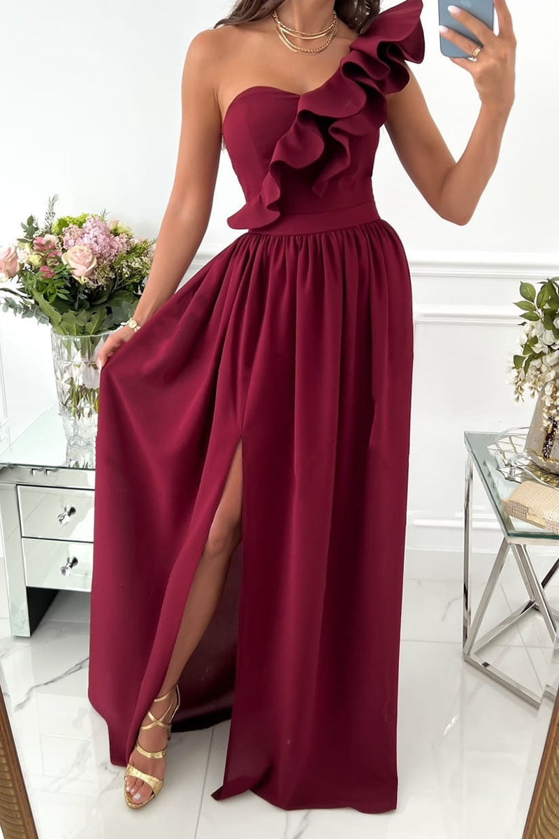 Sexy Elegant Print Patchwork Flounce Oblique Collar Dresses(6 Colors) Burgundy