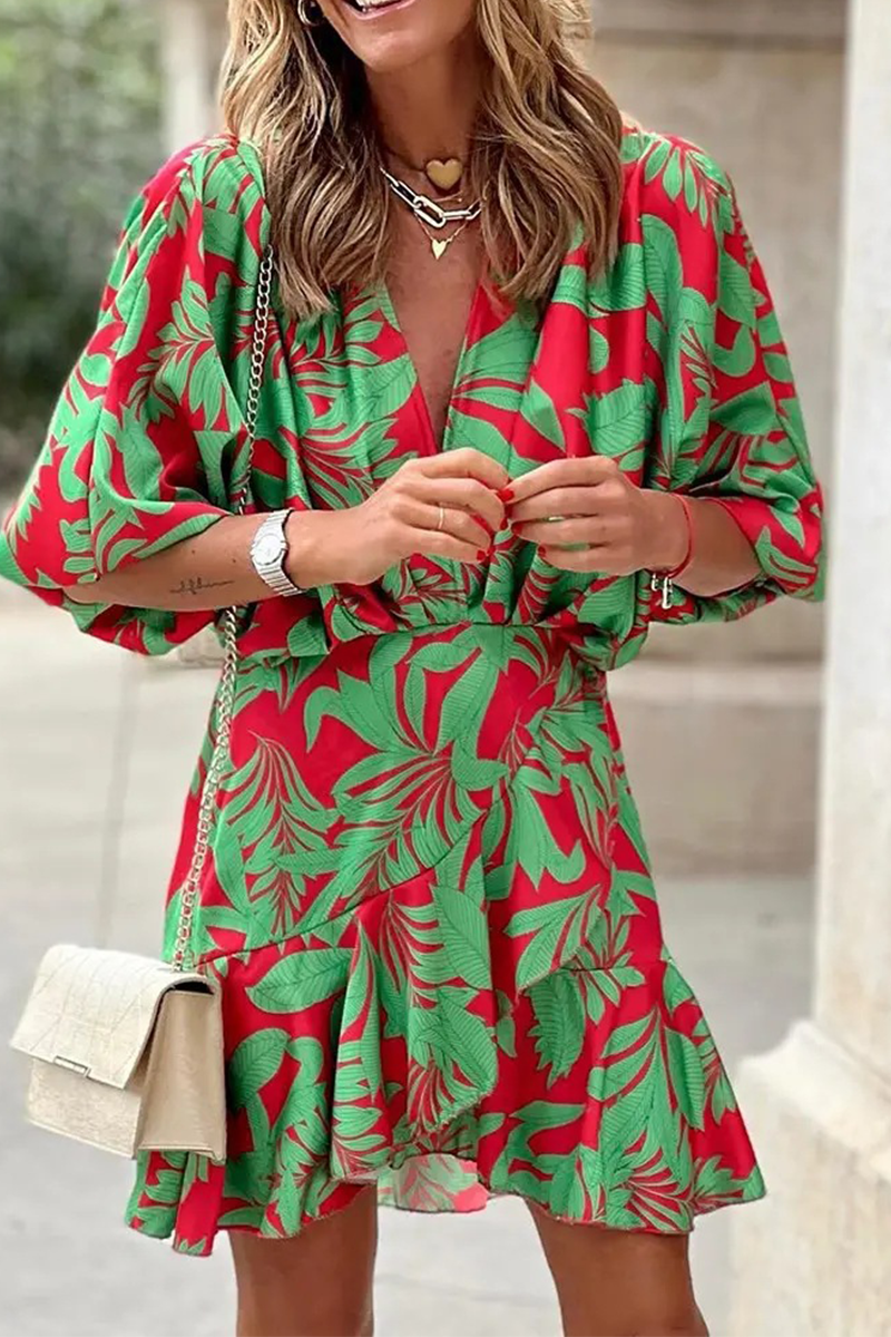 Casual Print Patchwork V Neck Waist Skirt Dresses(6 Colors) Red Green