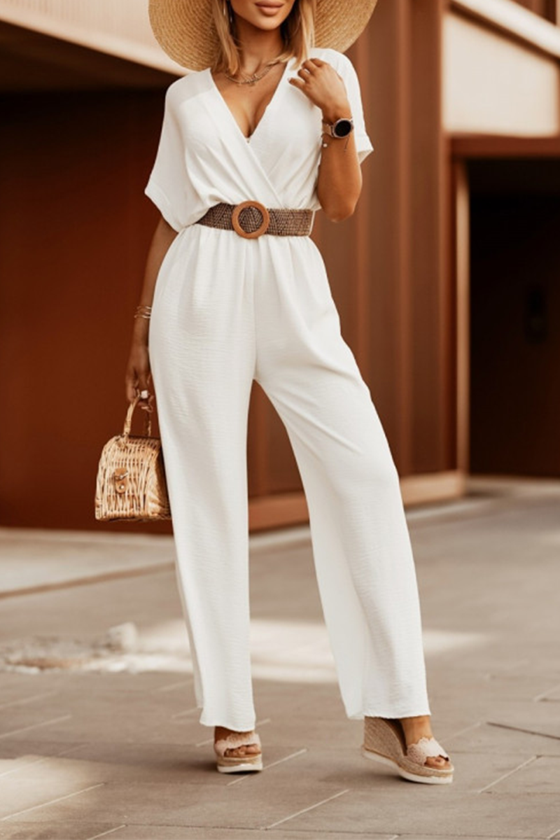 Casual Solid Patchwork V Neck Straight Jumpsuits(5 Colors) White