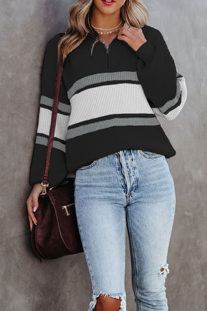 Casual Solid Patchwork Zipper Collar Sweaters(5 Colors) Black