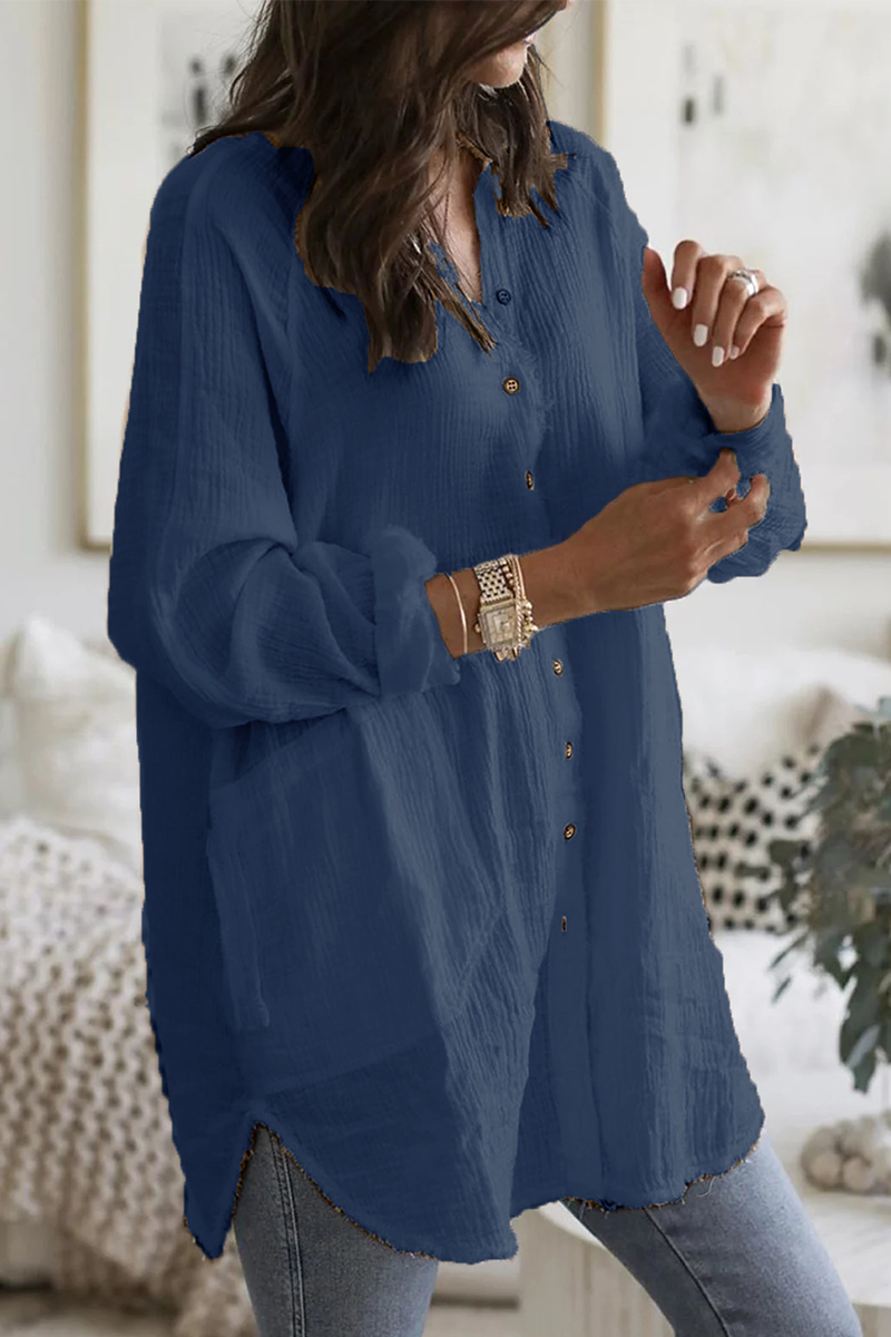 Casual Solid Patchwork Turndown Collar Blouses(3 Colors) Blue