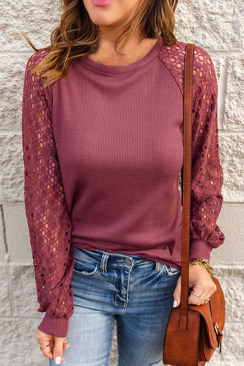 Casual Solid Hollowed Out O Neck Tops(5 Colors) Brick Red