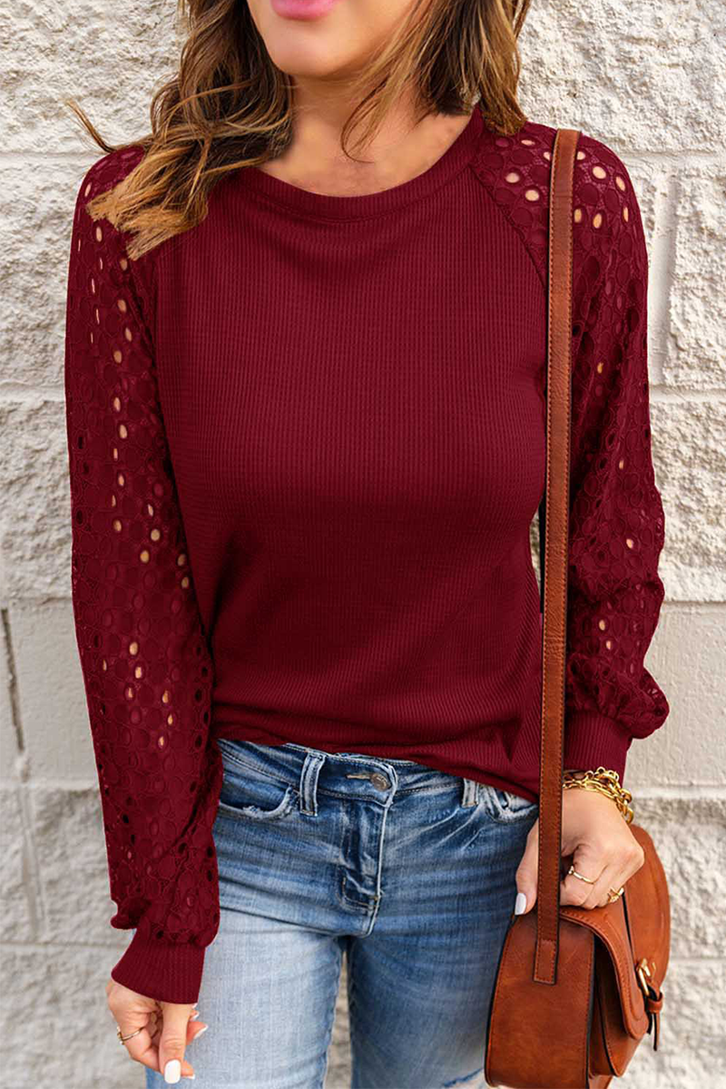 Casual Solid Hollowed Out O Neck Tops(5 Colors) Burgundy