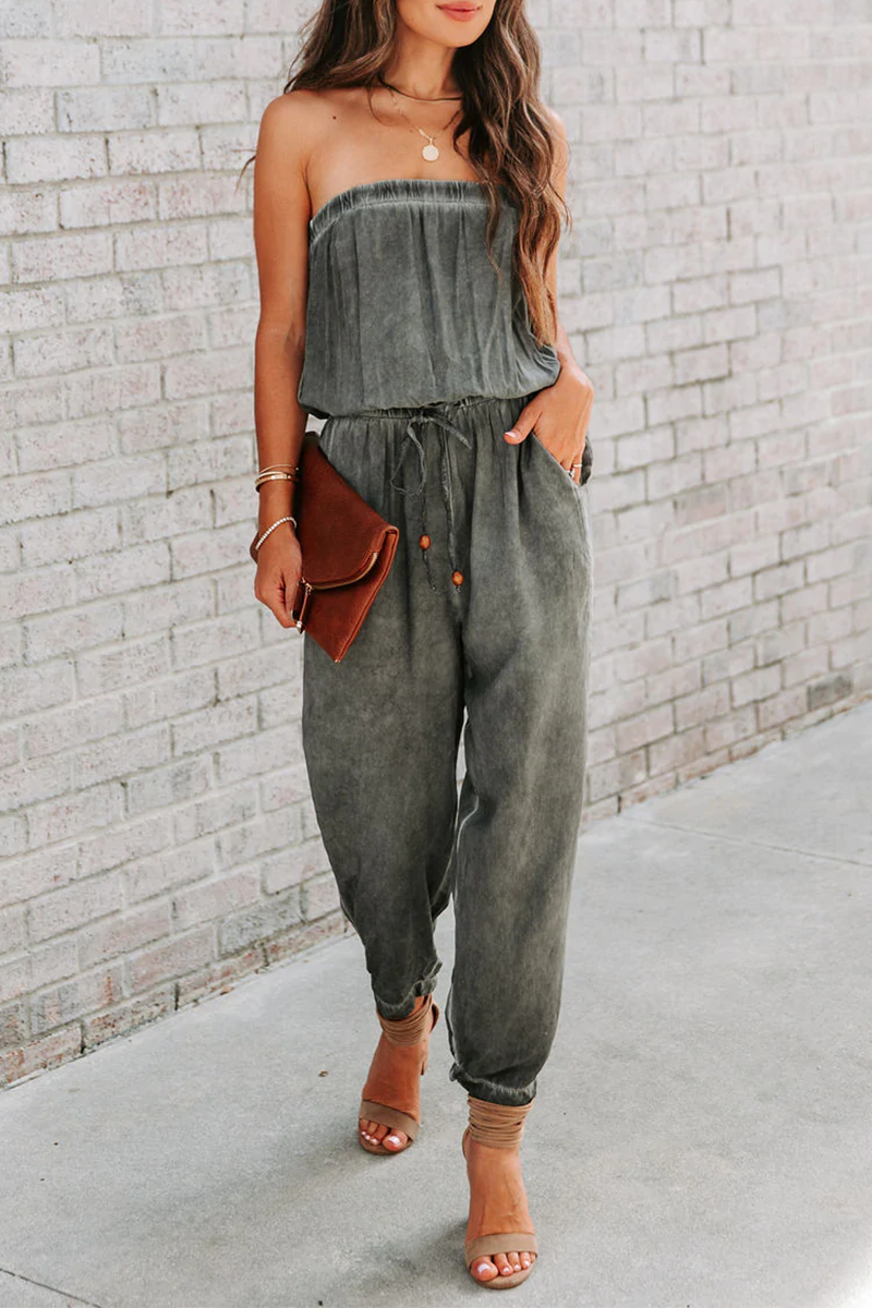 Casual Solid Patchwork One Shoulder Harlan Jumpsuits Black