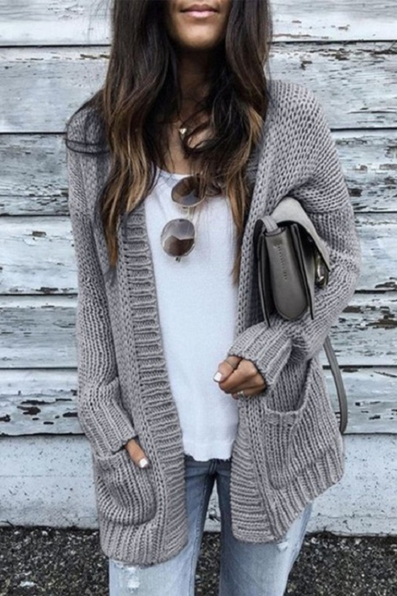 Casual Solid Patchwork Cardigan Collar Tops(5 Colors) Grey