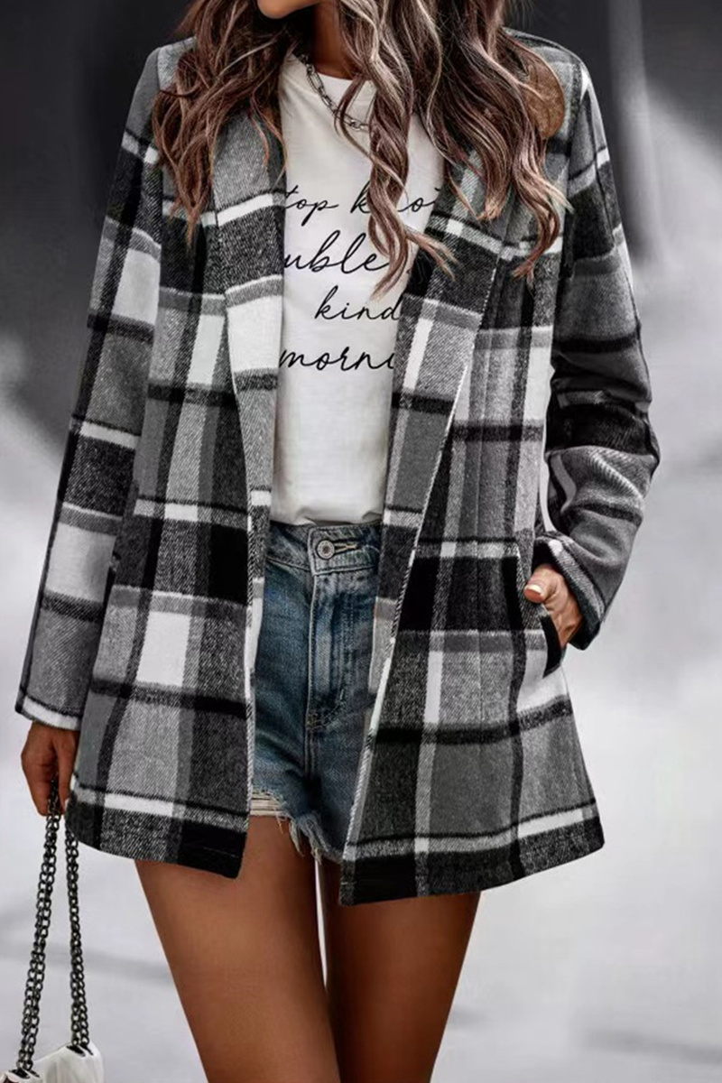 Fashion Plaid Patchwork Turndown Collar Outerwear(6 Colors) Grey