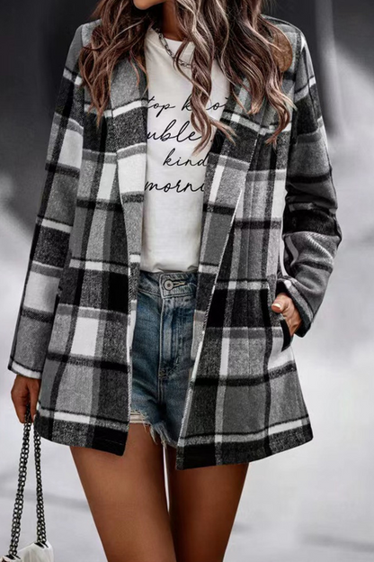 Fashion Plaid Patchwork Turndown Collar Outerwear(6 Colors) Grey