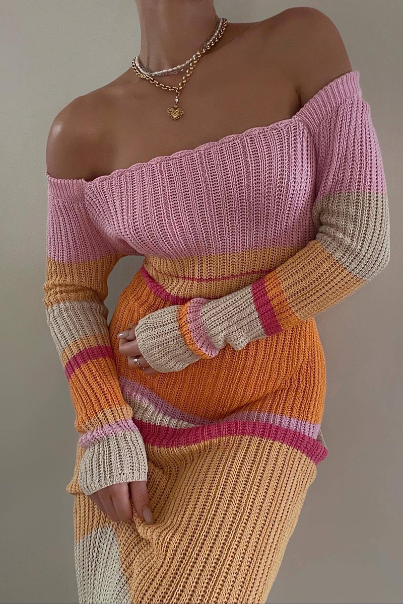 Casual Striped Patchwork Off the Shoulder Straight Dresses(5 Colors) Pink