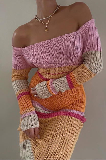 Casual Striped Patchwork Off the Shoulder Straight Dresses(5 Colors) Pink