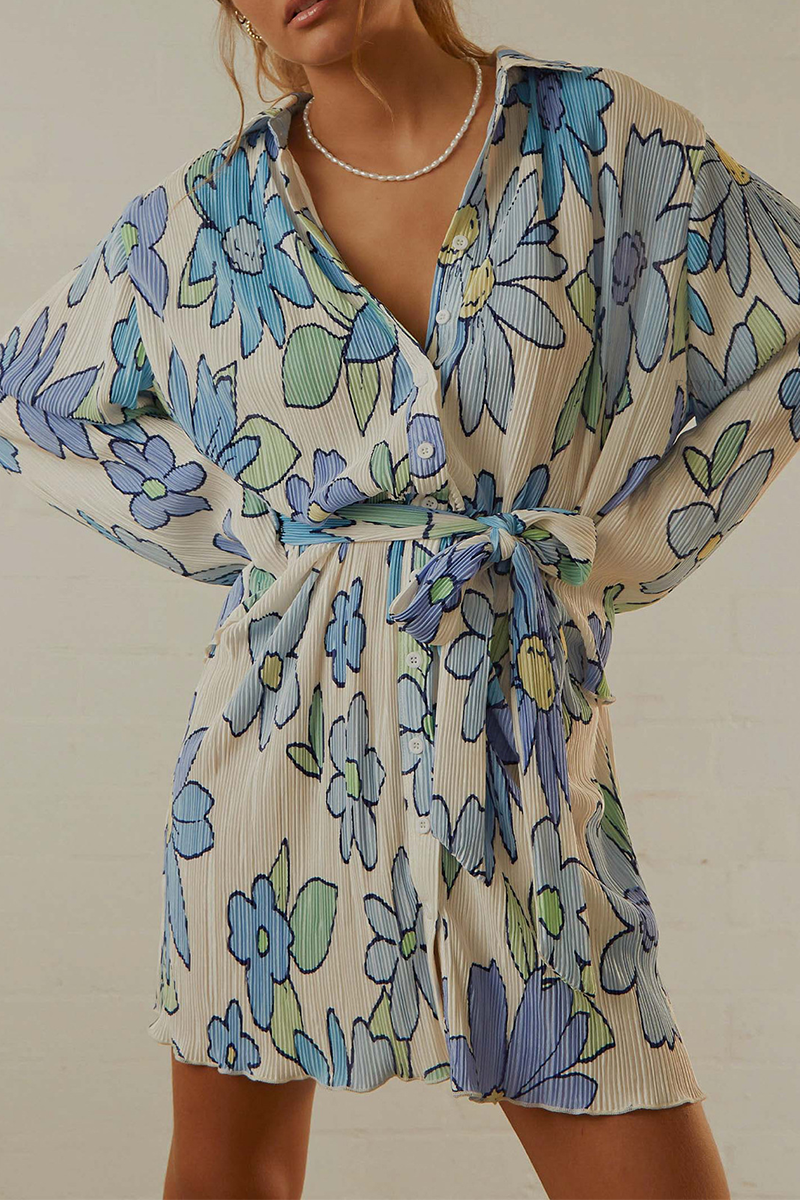 Casual Print Patchwork Turndown Collar Shirt Dress Dresses(3 Colors) Blue