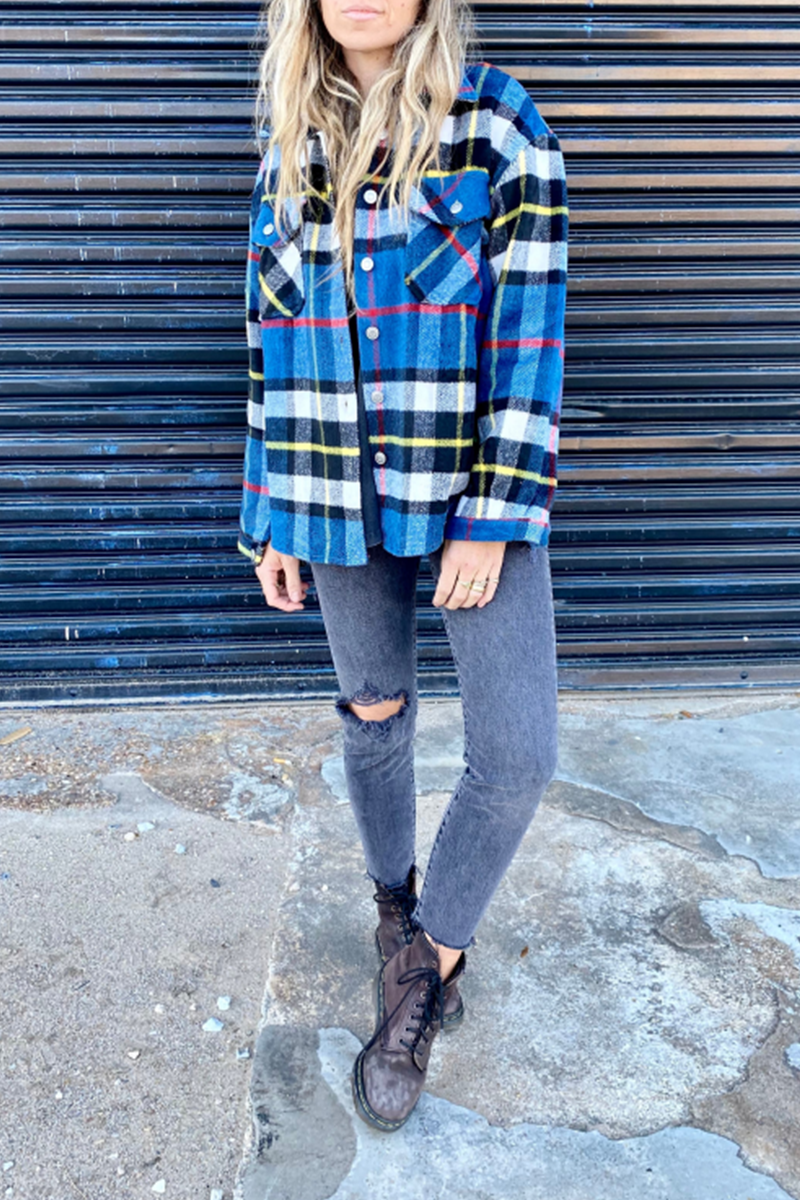 Fashion Plaid Patchwork Turndown Collar Outerwear