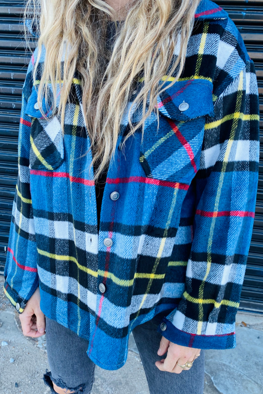 Fashion Plaid Patchwork Turndown Collar Outerwear Blue